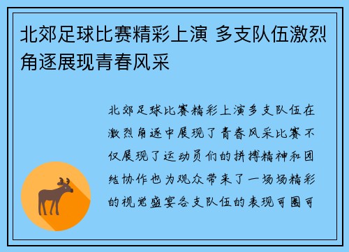 北郊足球比赛精彩上演 多支队伍激烈角逐展现青春风采