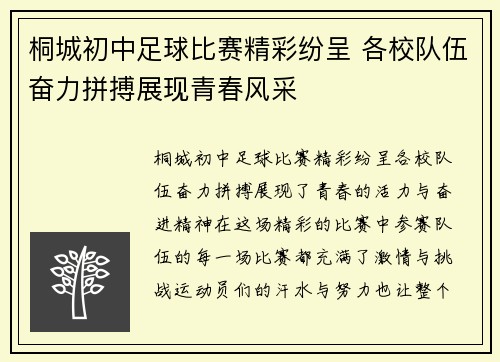 桐城初中足球比赛精彩纷呈 各校队伍奋力拼搏展现青春风采