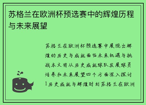 苏格兰在欧洲杯预选赛中的辉煌历程与未来展望