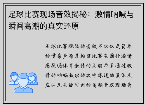 足球比赛现场音效揭秘：激情呐喊与瞬间高潮的真实还原