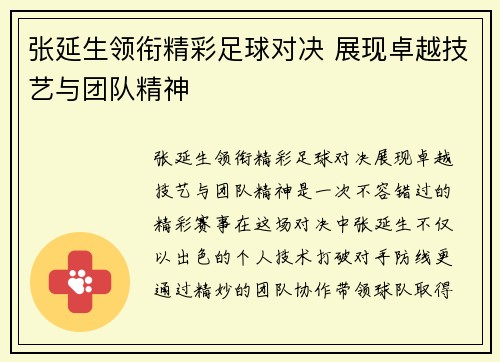 张延生领衔精彩足球对决 展现卓越技艺与团队精神