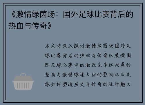 《激情绿茵场：国外足球比赛背后的热血与传奇》