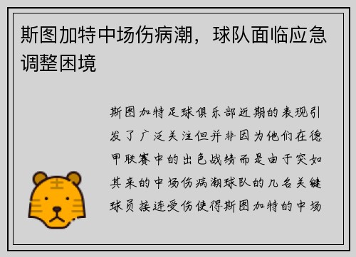 斯图加特中场伤病潮，球队面临应急调整困境