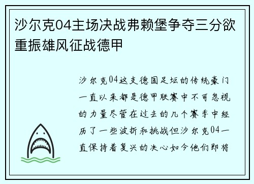 沙尔克04主场决战弗赖堡争夺三分欲重振雄风征战德甲