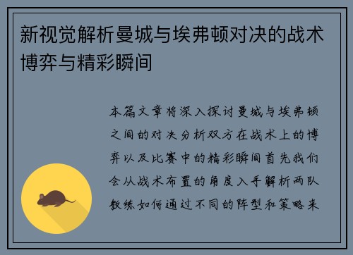 新视觉解析曼城与埃弗顿对决的战术博弈与精彩瞬间