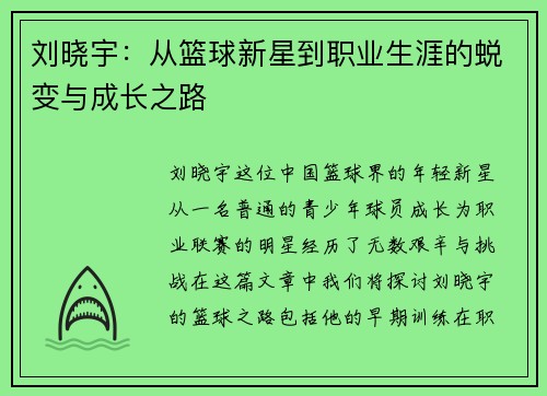 刘晓宇：从篮球新星到职业生涯的蜕变与成长之路
