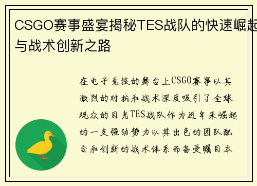 CSGO赛事盛宴揭秘TES战队的快速崛起与战术创新之路