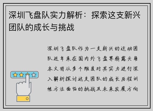 深圳飞盘队实力解析：探索这支新兴团队的成长与挑战